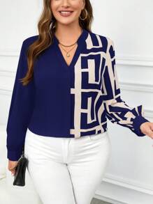 SHEIN Clasi Plus Size Casual Greek Fret Print Keyhole Neck Lantern Sleeve Blouse, Suitable For Spring & Autumn - Navy Blue - View 1