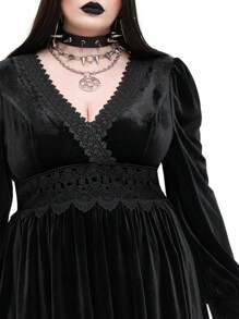Whyspr Goth Punk Punk Gothic Plus Size V-Neck Lace Trim Puff Sleeve Velvet A-Line Party Dress, Elegant Goth Women Outfit - Black - View 7