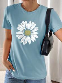 INAWLY Camiseta de manga corta con estampado floral, blusa casual y encantadora con cuello redondo y estampado de flores para mujeres, camisetas gráficas para mujeres