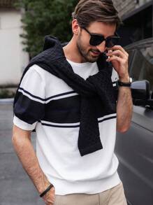Manfinity Homme Parte superior tejida de manga corta casual de todos los días con color contrastante para hombres, otoño/invierno - Blanco - Ver 7
