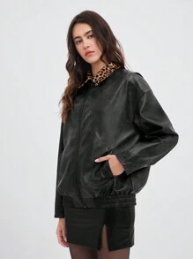 SHEIN EZwear Áo khoác thường ngày rộng rãi họa tiết da báo tương phản bằng da PU cổ điển cho nữ, mùa thu/đông - màu nâu - Xem 3