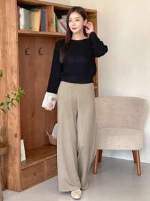 DAZY 1pc Women Solid Color Wide Leg Knitted Pants, Suitable For Autumn/Winter - Apricot - View 4