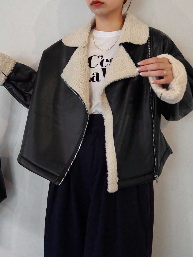 FRIFUL Women's Contrast Color Stand Collar Long Sleeve Zip-Up Casual Composite PU Regular Jacket, Autumn/Winter,Thermal Lined Women Coats - Black - View 1