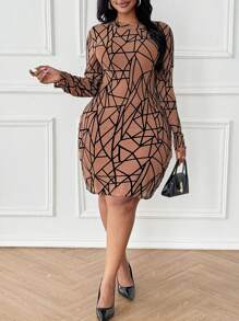 Maweii Plus Size Round Neck Long Sleeve Allover Print Short Casual Dress - Coffee Brown - View 2