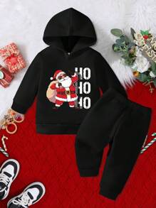 Young Boy Christmas Cartoon Printed Hoodie Sweatshirt And Pants Set - Black - View 3
