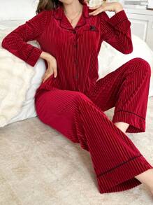 Solid Color Velvet Bow Decor Women Fluffy Pajama Set, Fall Winter Clothes, Cozy - Burgundy - View 3