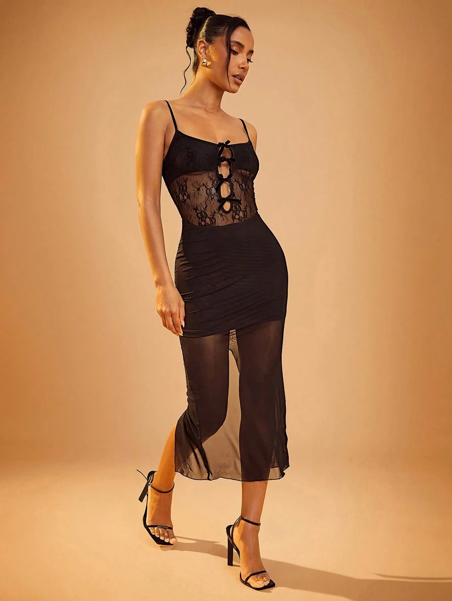 Hauture Sleek Black Lace Panel Dress With Cut-Out Detailing - Black - View 1