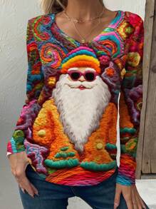 INAWLY 圣诞圣诞老人图案印花 V 领长袖修身休闲 T 恤女款，适合春秋季图案 T 恤女式春季装上衣 - 彩色 - 查看 3