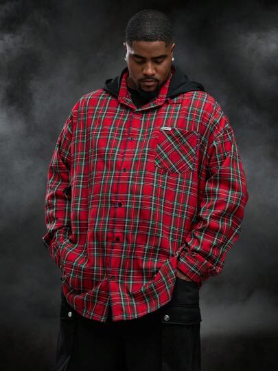 Manfinity VCAY Plus Size Men Casual Loose Woven Plaid Drop Shoulder Hooded Long Sleeve Shacket, Suitable For Autumn & Winter