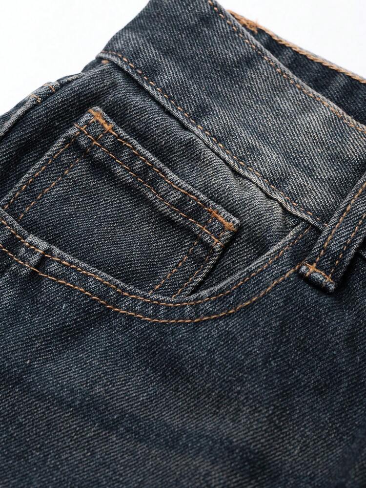 Women Front Button Pocket Plain Casual Straight Leg Jeans