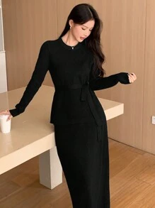 DAZY 2 件女式纯色圆领长袖毛衣和超长针织裙套装，优雅秋冬季 - 黑色 - 查看 6