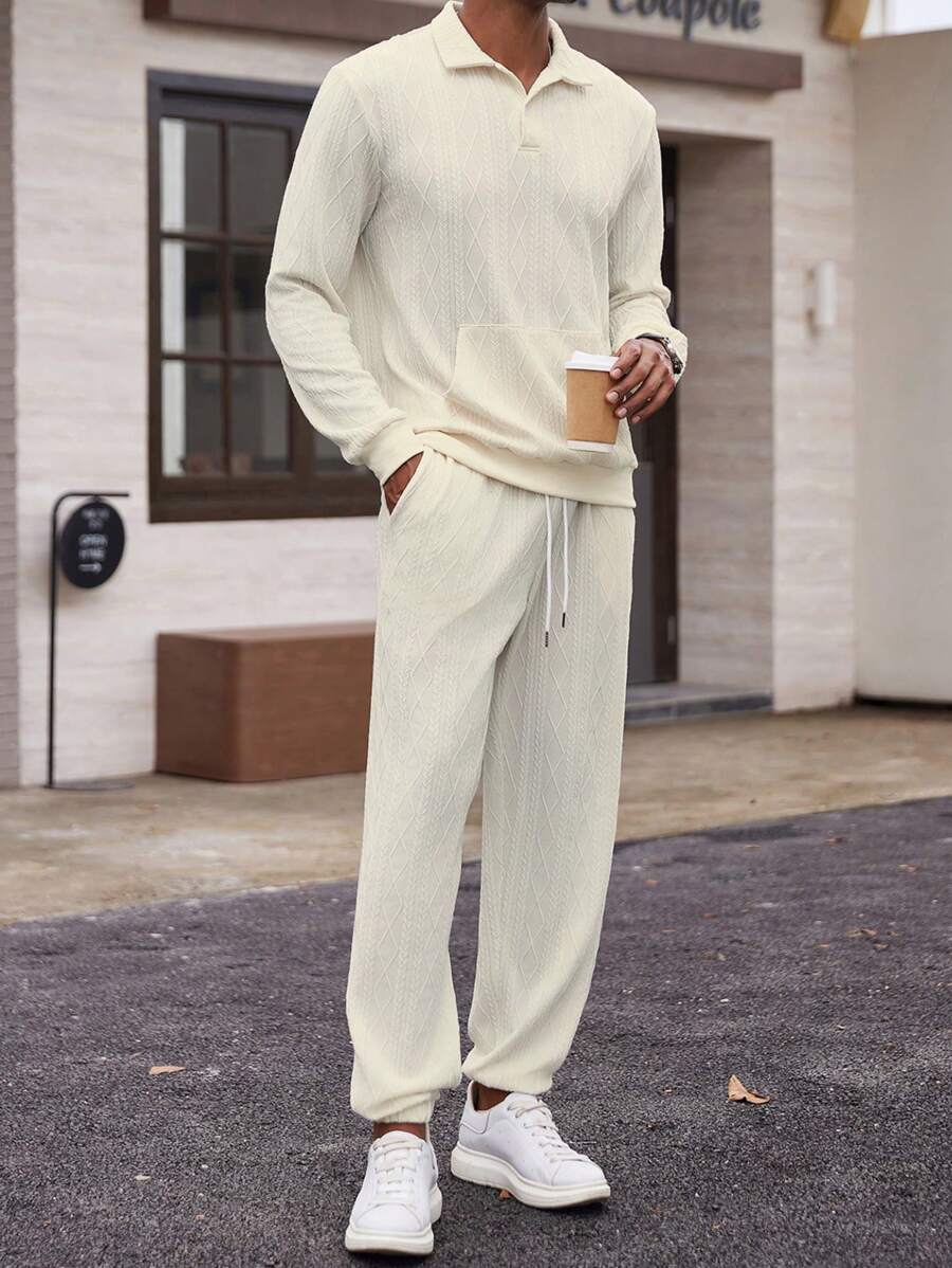 Manfinity Homme 2 件套男士纯色长袖口袋套头衫和前系腰裤休闲西装 - 杏色 - 查看 1