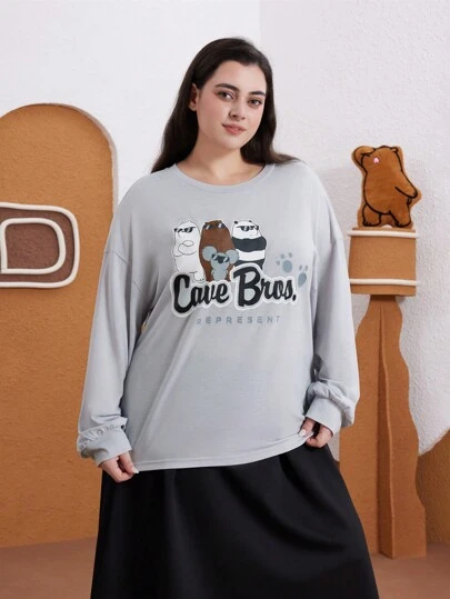 We Bare Bears X SHEIN Plus Size Women Casual Dropped Shoulder Round Neck Gray T-Shirt , Cartoon Letter Print Pattern, Autumn