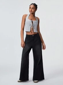 SHEIN Unity 1 件灰色性感挂脖蝴蝶结吊带无袖吊带背心，办公室淑女风格，秋冬 - 灰色 - 查看 4