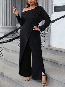 SHEIN Clasi Plus Size Asymmetric Collar Long Sleeve Split Overall In Solid Color