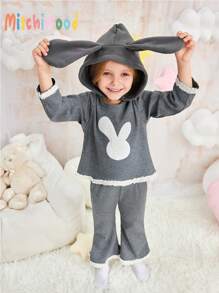 2pcs Young Girls Cute Rabbit Ear Hoodie & Pants Comfortable Homewear Set, Autumn Winter - Grey - View 1