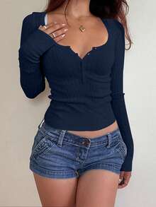 Mystra Women Casual Button Up Ribbed Slim Fit Long Sleeve Sweater , T-Shirt Suitable For Summer And Autumn/Winter Seasons