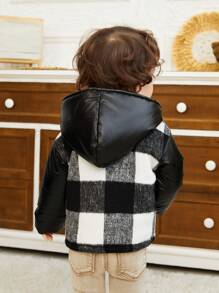 SHEIN 男婴 2 岁以上经典格子保暖内衬连帽加厚夹克，厚实保暖，适合 0-10°C 冬季环境户外穿着 - 黑色 - 查看 2