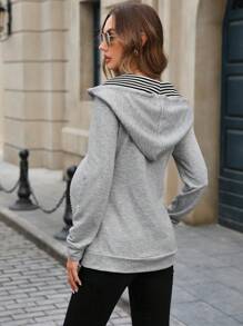 SHEIN 孕妇撞色拼接V领卫衣，冬季款 - 灰色 - 查看 2