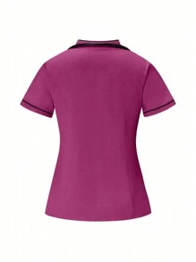 SHEIN TaskFit 2pcs Contrast Trim Casual Short Sleeve Top And Solid Color Pants Uniform Set, Scrub Sets - Hot Pink - View 6