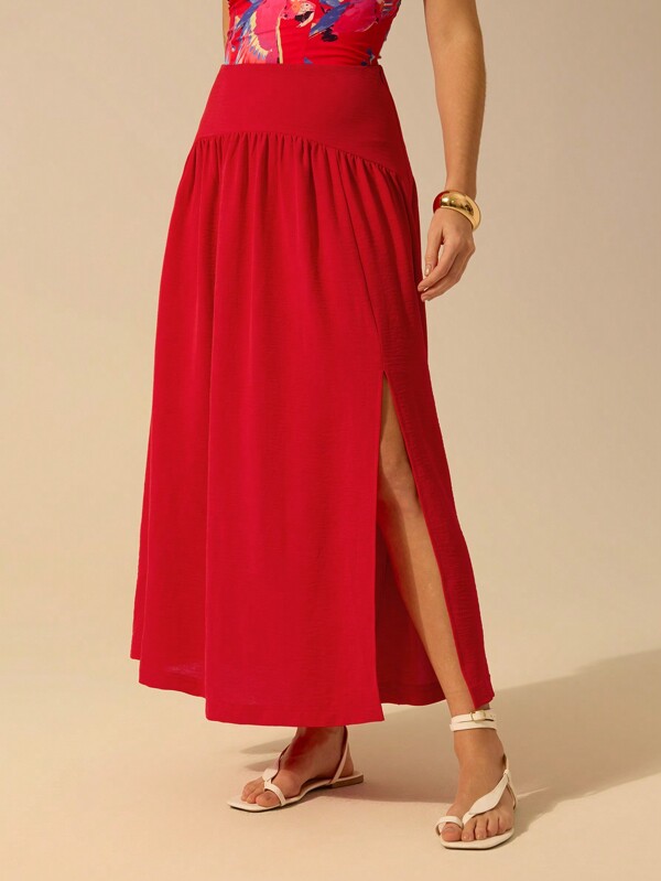 CAJUNI Women's Casual Red Low Waist Split Skirt, Suitable For Beach Resort Summer