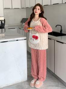 DAZY 可爱猫咪图案拼色插肩袖纹理法兰绒加厚睡衣套装 - 粉色 - 查看 3