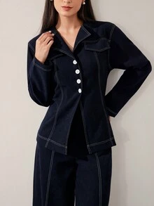 Solavon 2 件套女式休闲拼色外缝衬衫和裤子套装，秋季 2 件套 - 藏蓝色 - 查看 3