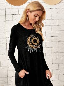 EMERY ROSE Metallic Moon, Sun, Star Graphic Striped Knit Asymmetrical Pocket Curved Hem Dress