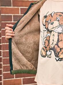 SHEIN 2 件 Tween Boy 休闲保暖内衬绿色连帽衫和宽松工装裤套装，秋冬 - 軍綠色 - 查看 5
