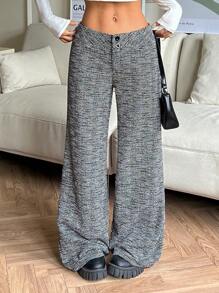 SHEIN EZwear Quần ống rộng in họa tiết toàn thân thiết kế nút thắt eo cho nữ - Xám - Xem 6