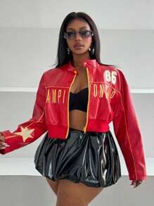 Maweii Plus Size Fashion Letter Embroidery Cropped Motorcycle Jacket For Autumn - Red - View 5