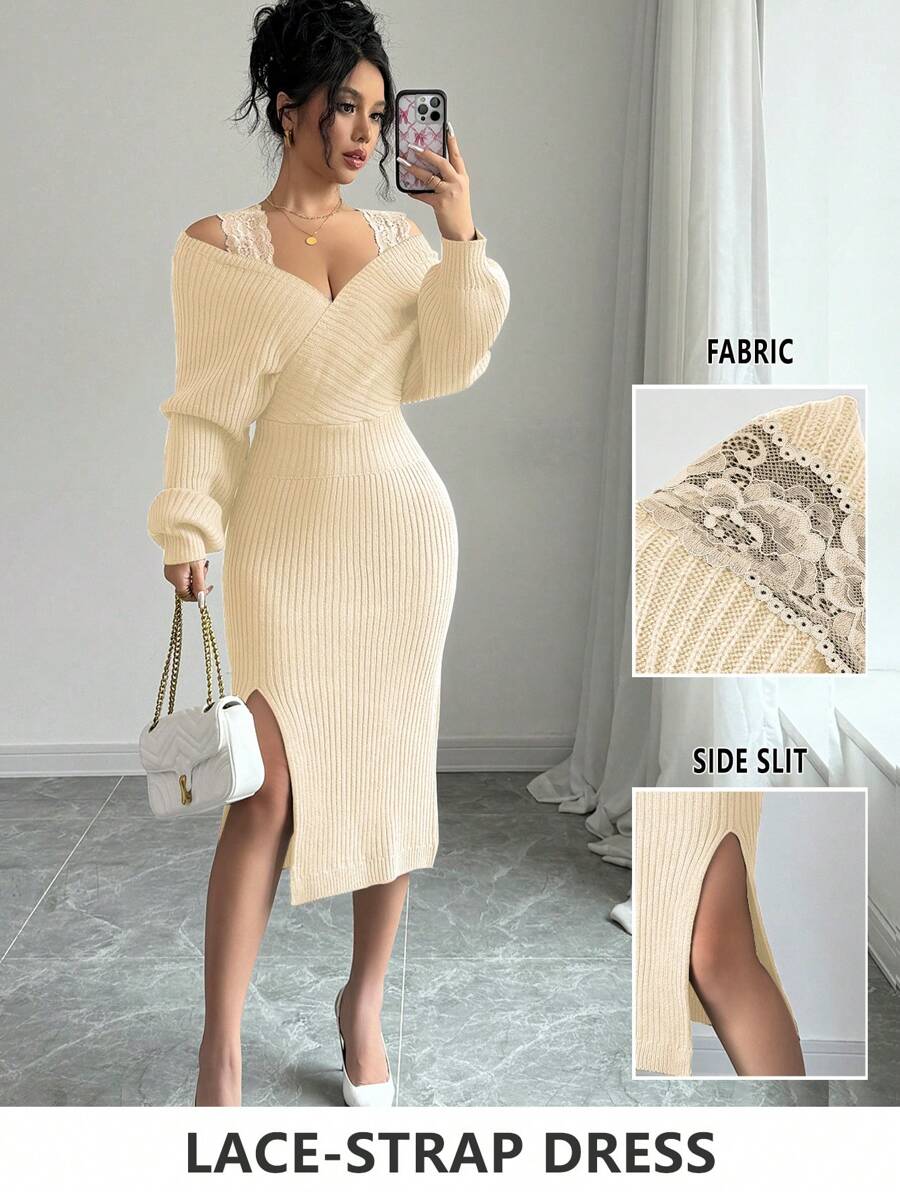 Chiquease 优雅设计蕾丝边针织毛衣裙，腰部收紧，露背，风格独特 - 杏色 - 查看 1