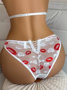 Sexy Men Lip Embroidery Lace Net Breathable Briefs - Red and White - View 1