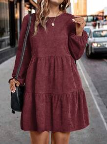 EMERY ROSE 大码休闲纯色灯笼袖罩衫连衣裙酒红色女装 - 酒紅色 - 查看 4