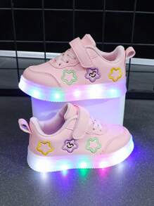 婴儿运动鞋，新款女童刺绣发光运动鞋，四季校园学生皮革休闲舒适软底防滑耐磨 - 粉色 - 查看 2