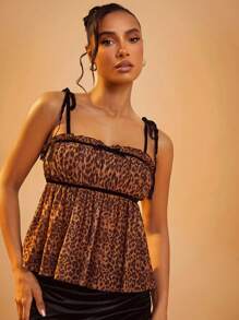 SHEIN Unity Leopard Print Self Tie Shoulder Strap Babydoll Top - Brown - View 7