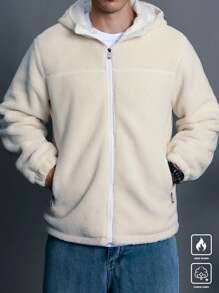 Manfinity Homme Áo khoác trùm đầu thường ngày có khóa kéo dài tay màu trơn cho nam, mùa thu/đông - Màu be - Xem 5