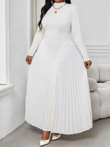 SHEIN Lady Autumn And Winter Elegant Work Office White Knitted Stand Collar Pleated Flowy Pleated Long Long Sleeve Plus Size Dresses Fall Women Outfits Winter Women Dress Elegant Women Dresses Fall Clothes Curve