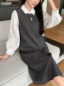 DAZY Women's Sleeveless Midi Dress, Autumn/Winter Shirt Dress - Grey - View 7