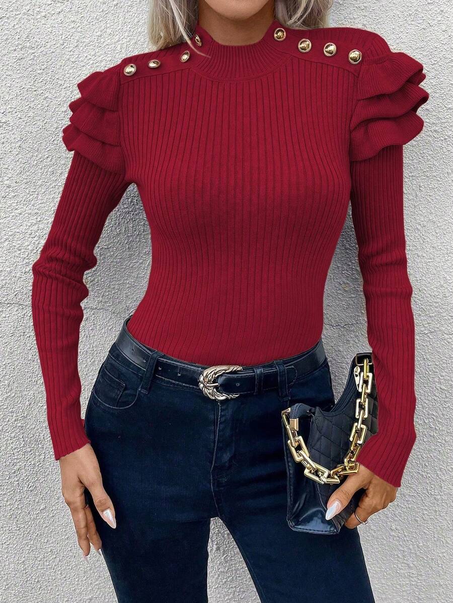 SHEIN LUNE Casual Everyday Button Decor Ruffle Trim Slim Fit Long Sleeve Sweater, Autumn/Winter Knit Pullover Fall - Burgundy - View 1