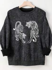 INAWLY 2pcs Loose Fit Round Neck Women Sweatshirt, Casual Two Tigers Print, Suitable For Autumn And Winter