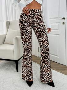 EURMUSE Leopared Printed Flare Leg Pants - Brown - View 5