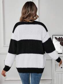 Chiquease Women Two-Tone Striped Pattern Long Sleeve Casual French Style Fluffy Knit Cardigan Fall Cloth For Women - Black - View 2