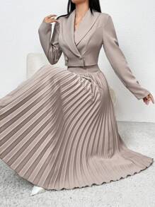 Modelyn Women Solid Color Square Neck Pleated Hem Dress And Shawl Neck Cropped Jacket Set, Spring/Autumn 2 Pieces Set - Apricot - View 1
