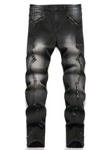 Manfinity Roughcore Men's Casual Washed Frayed Denim Jeans - Black - View 1