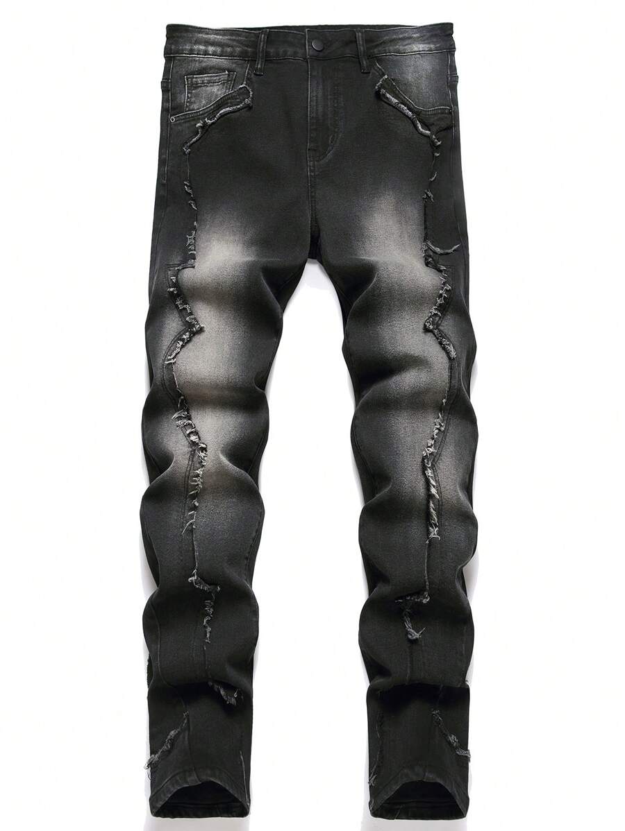 Manfinity Roughcore Men's Casual Washed Frayed Denim Jeans - Black - View 1