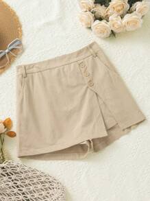 SHEIN VCAY Casual Solid Color Woven High Waisted Skort For Women - Khaki - View 5