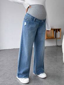 SHEIN Pregnant Women Casual Loose Straight Leg Jeans With Waistband Patchwork, For Maternity - Multicolor - View 5