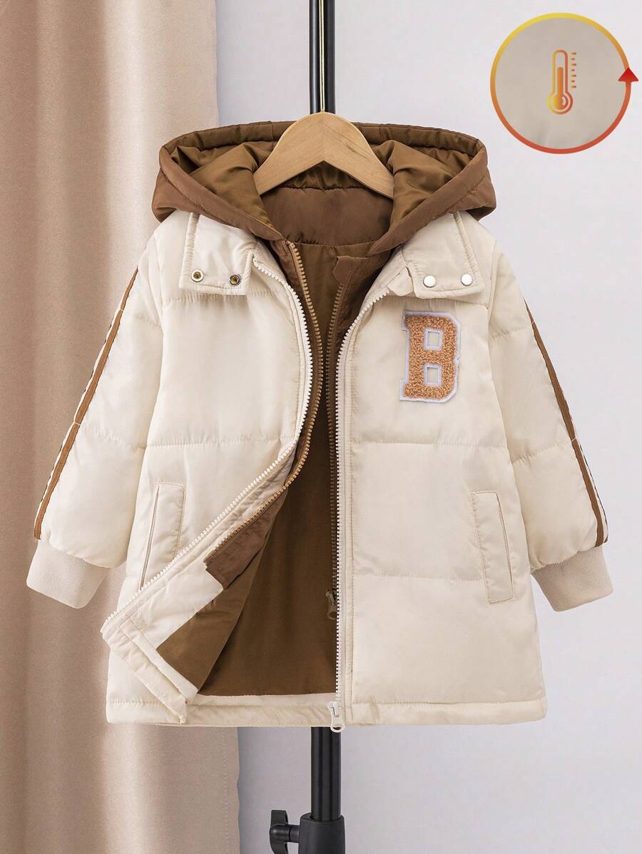 男童休闲运动二合一撞色罗纹带装饰刺绣贴布连帽中长款棉服外套