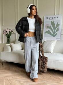 SHEIN EZwear Chaqueta acolchada con capucha de manga larga, informal y holgada, de unicolor, para invierno